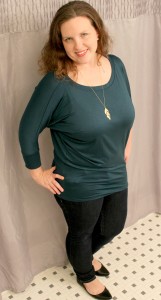 gold leaf necklace and teal shirt from stitch fix